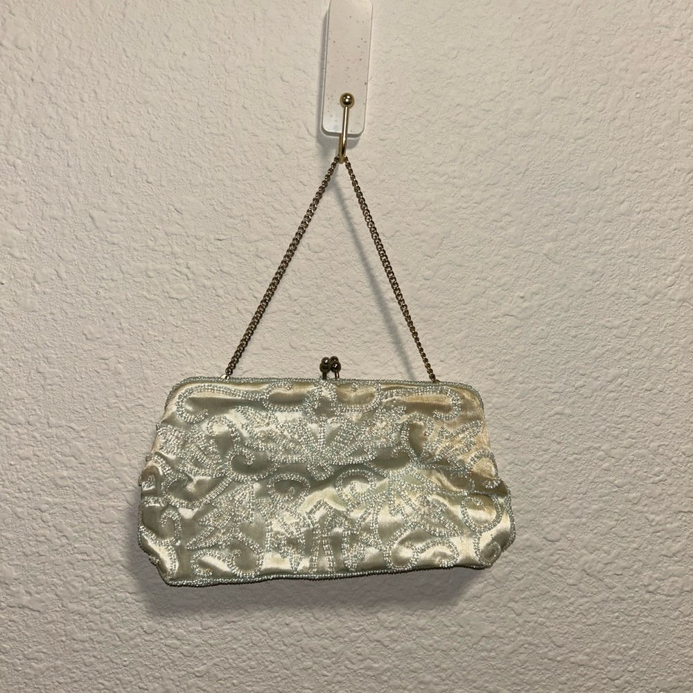 Vintage "RICHERE" Blue Beaded Evening Bag Silver Chain 1960's Hand Made in Japan